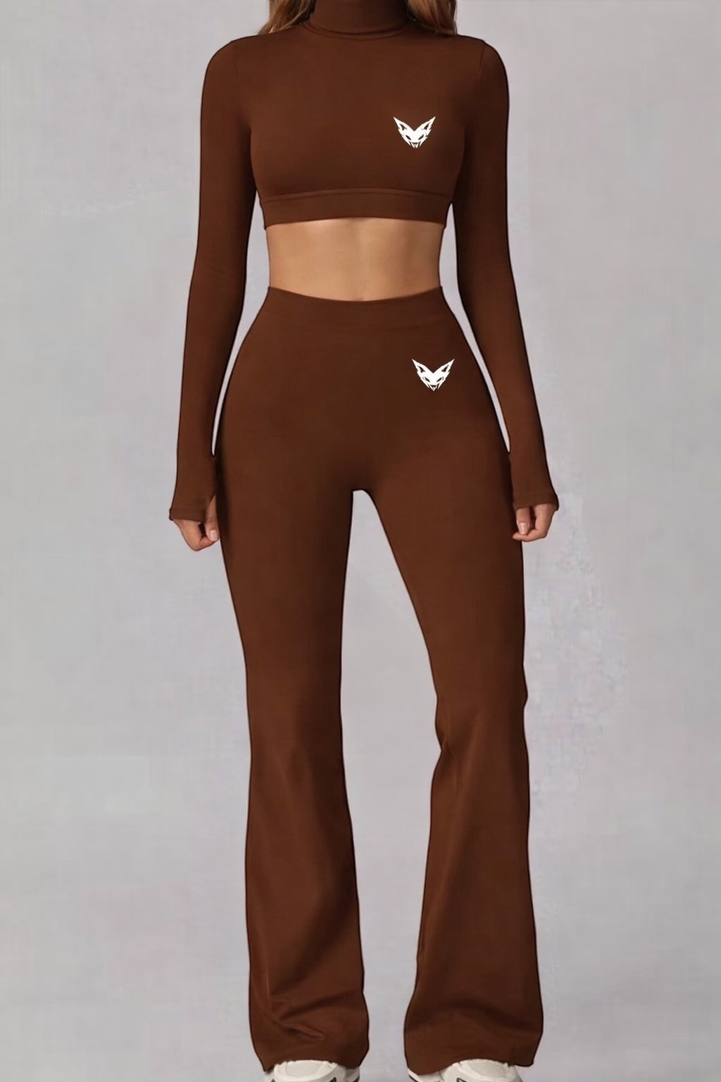 Vytro Sports Sculpt Flare Set – Long Sleeve Crop Top &amp; Flared Tights (Brown)