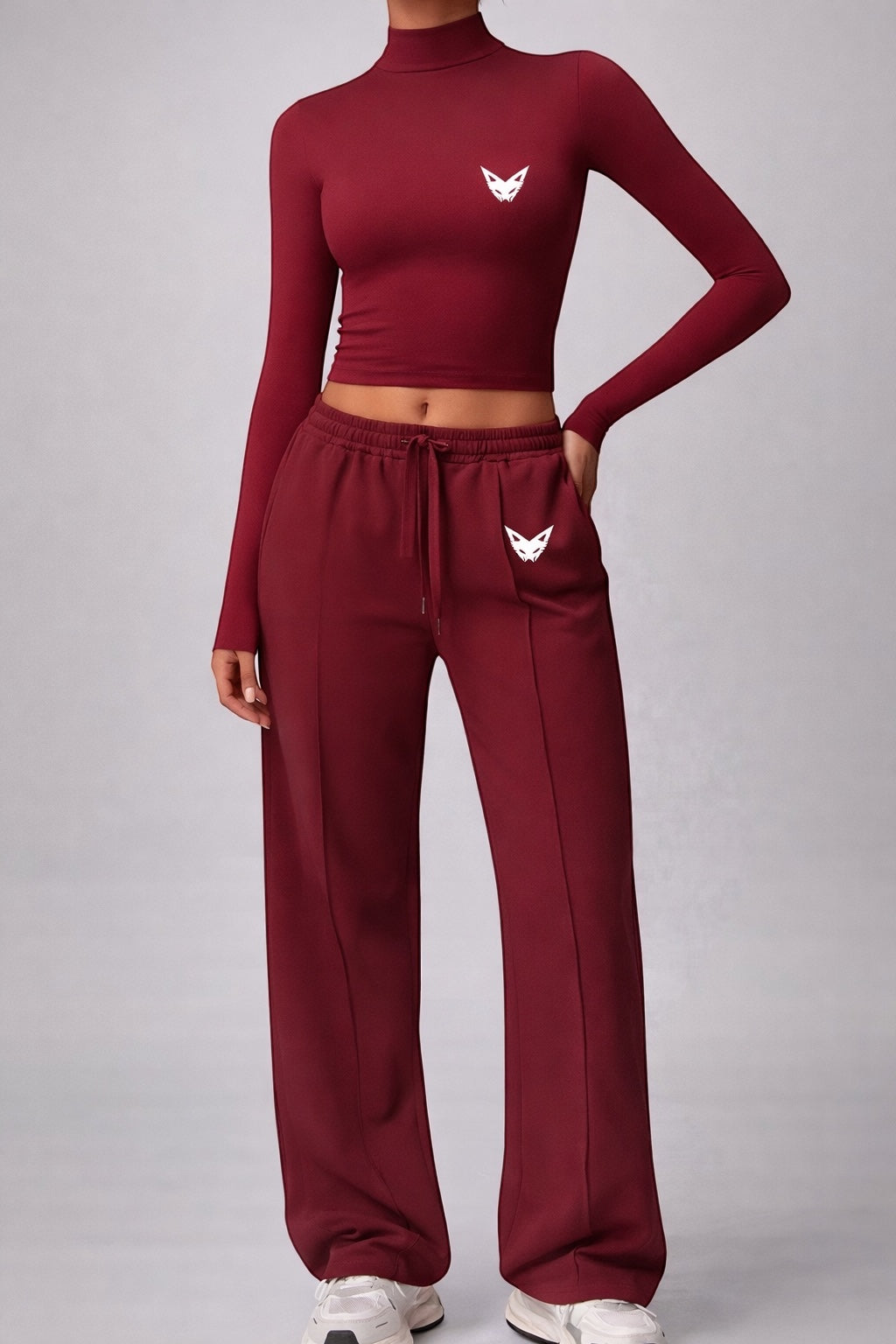 Vytro Sports Urban Set – Long-sleeved crop top &amp; wide-leg pants (Burgundy)