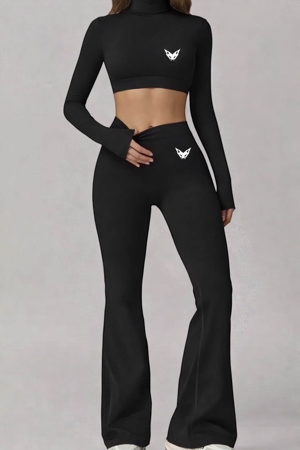 Vytro Sports Sculpt Flare Set – Long Sleeve Crop Top &amp; Flared Tights (Black)